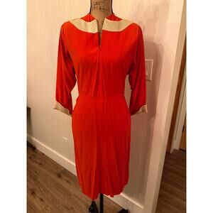 Vintage Adrian Red and Gold Batwing Sleeve Dress Measurements in Description